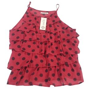 Romy Tank Top Womens Red XL Spaghetti Strap Ruffled Polka Dot Lightweight Zipper